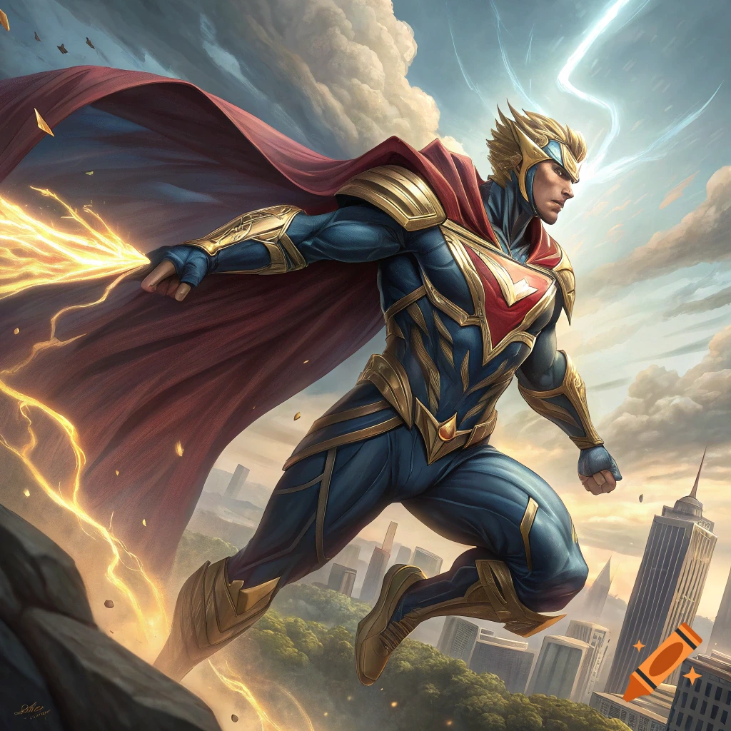 A powerful superhero in a blue and gold suit with a red cape flies over a city, generating yellow energy bursts, in a comic book art style.