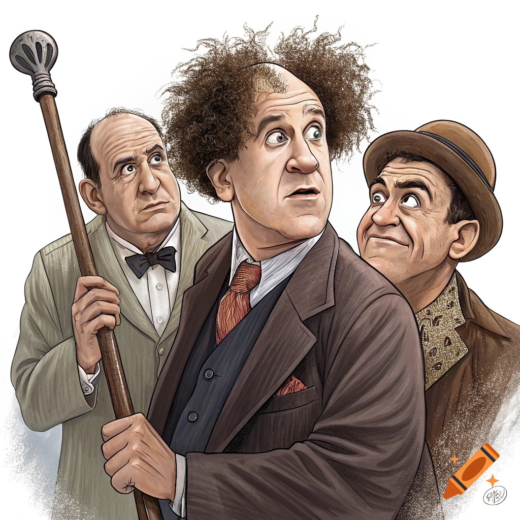 Caricature of three men resembling The Three Stooges, with bushy hair in the center.
