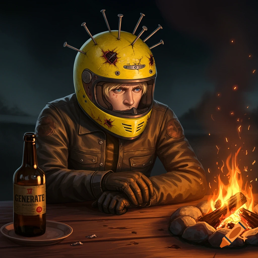 A blonde man in a spiked yellow motorcycle helmet is sitting at a table by a campfire with a bottle.