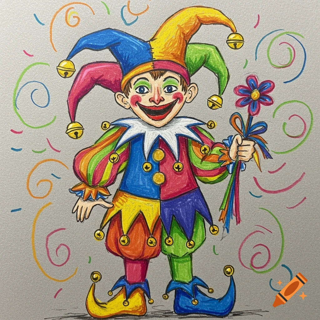A colorful jester in a crayon drawing style holds a flower.