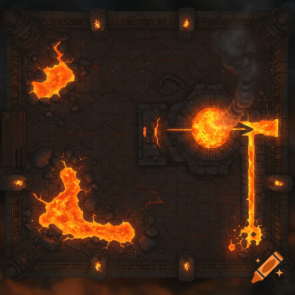 Top-down view of a fantasy infernal forge battlemap with gridlines, lava pools, and a large central forge.
