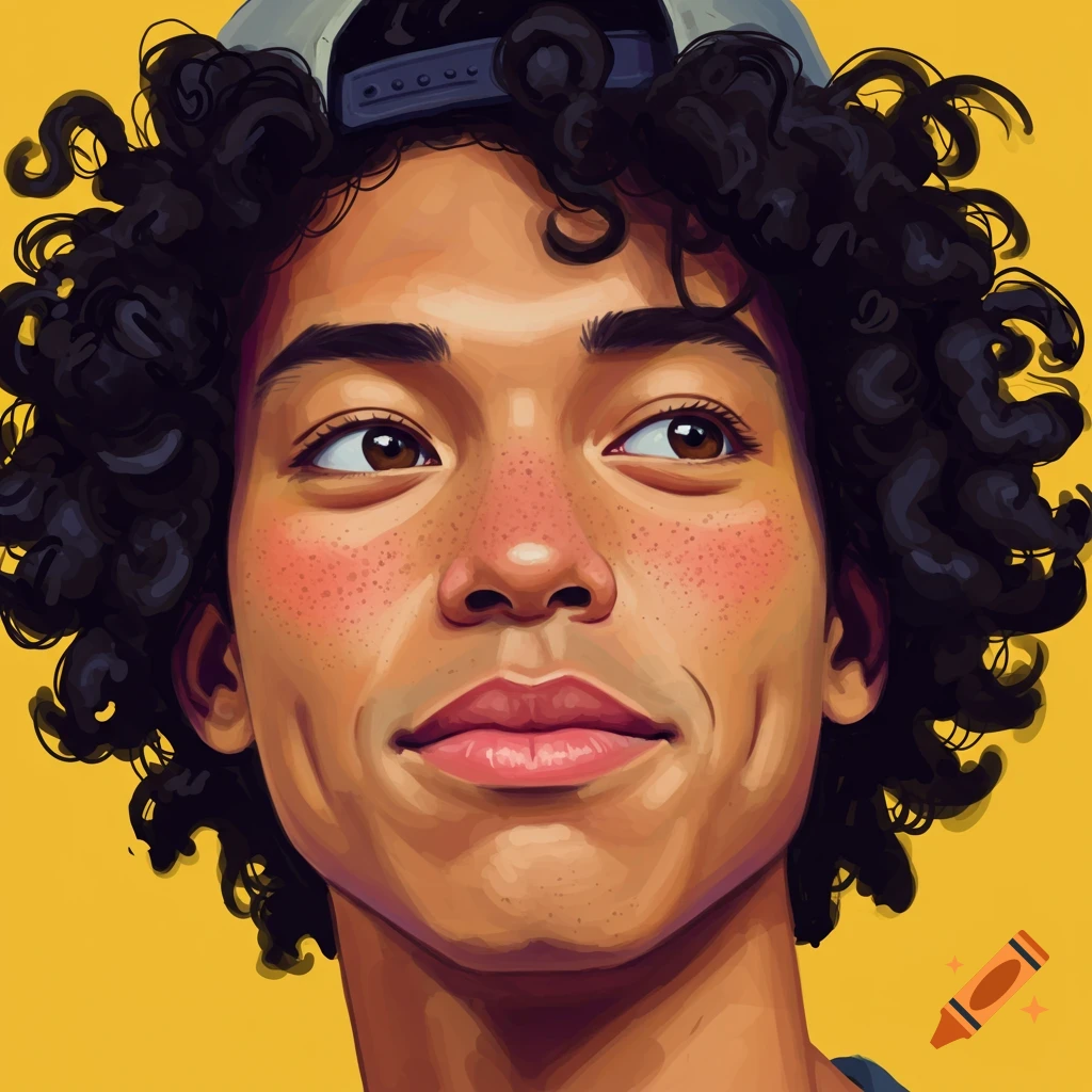 A young person with curly hair, freckles, and dimples, wearing a backwards cap.