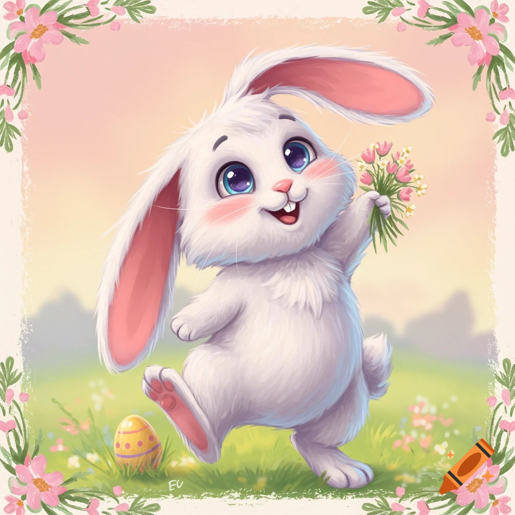 Whimsical illustration of a cute Easter bunny holding flowers next to an Easter egg, with a floral border.