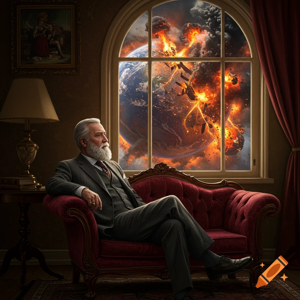 An old man in a suit watching a planet explode from a window.