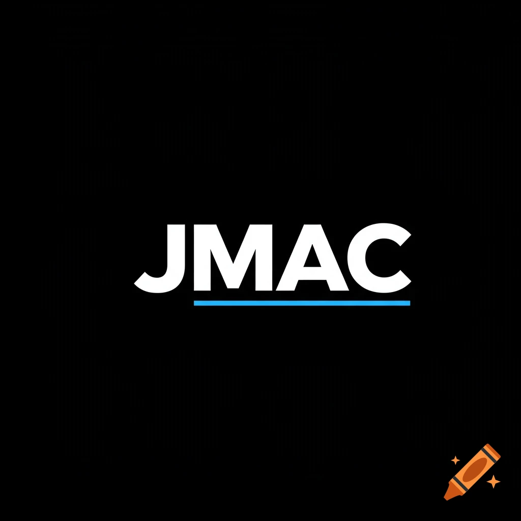 Logo with white text JMAC and blue line on black background.