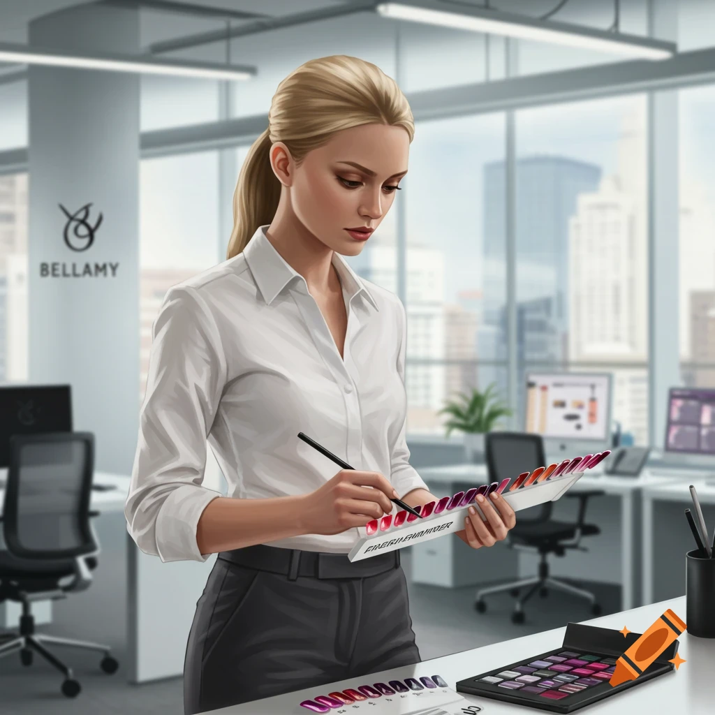 A woman in an office examining nail polish shades.