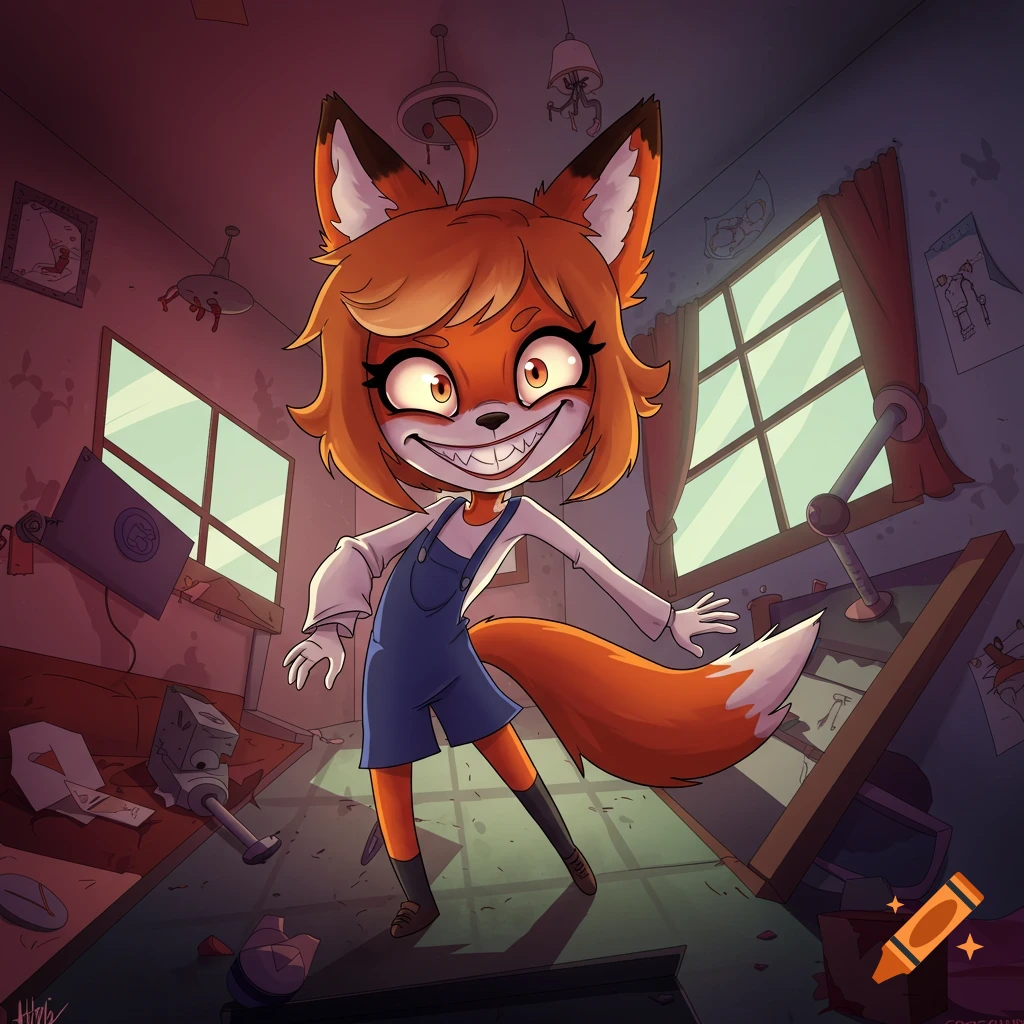 A cartoony fox-girl with a wide grin stands in a messy room.