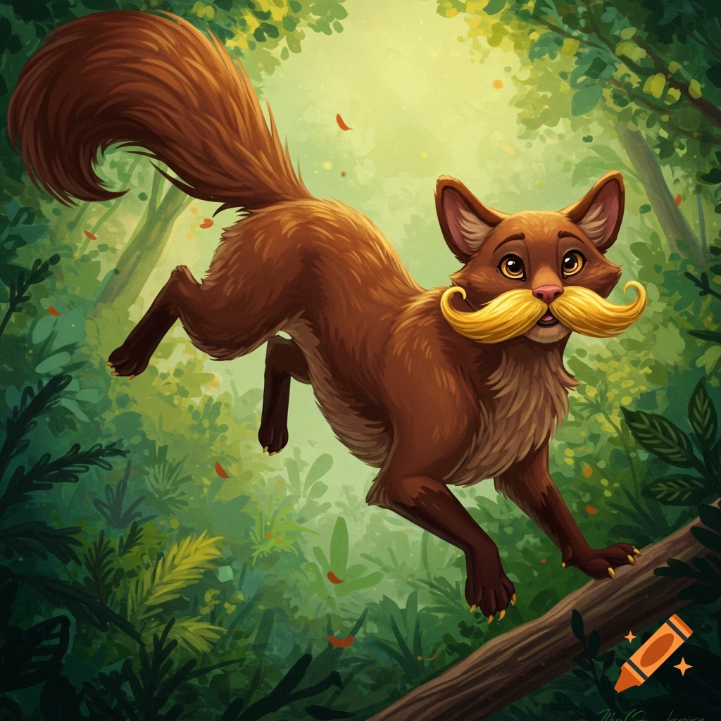 A furry brown creature with a large yellow mustache jumps over a log in a forest.