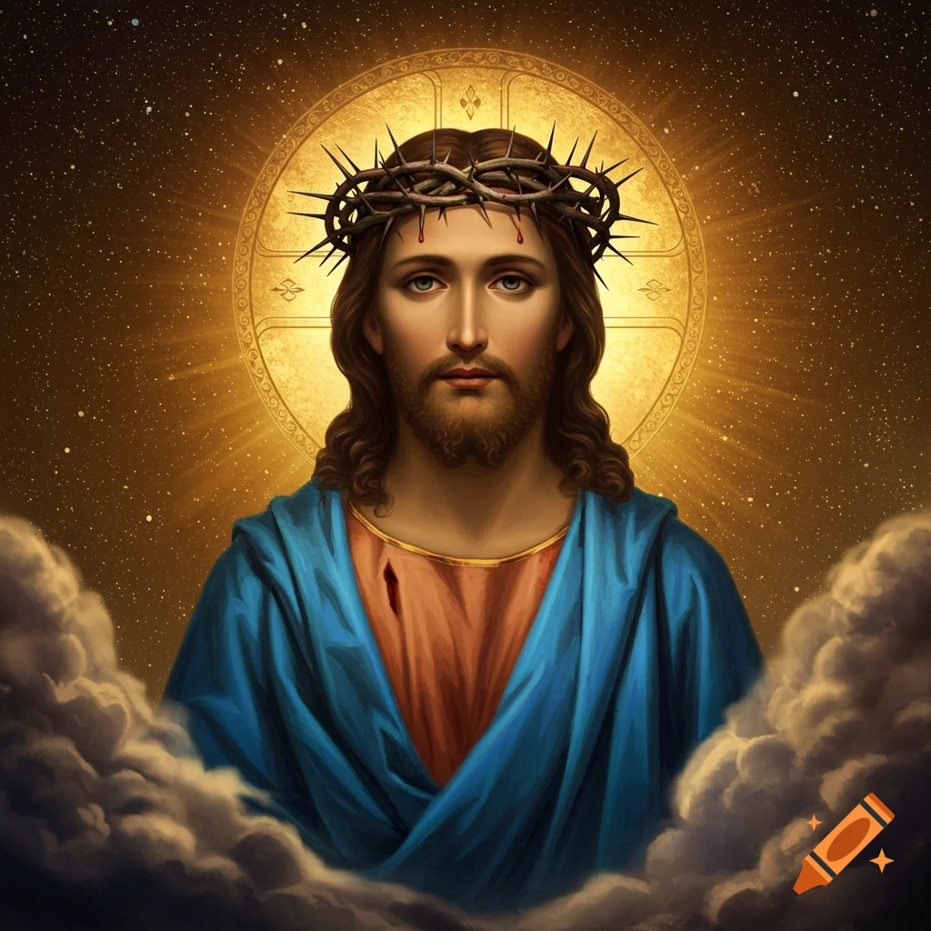 Portrait of Jesus Christ wearing a crown of thorns, with a golden halo and clouds.