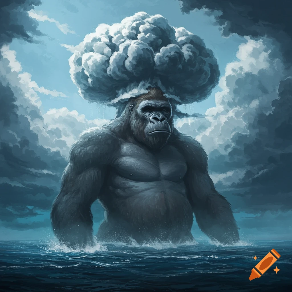 A massive gorilla-like creature with a mushroom cloud head stands in the sea.