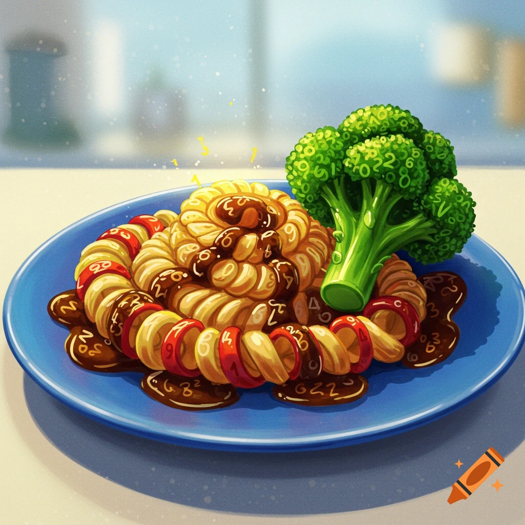 Food made of numbers and characters on a blue plate with broccoli