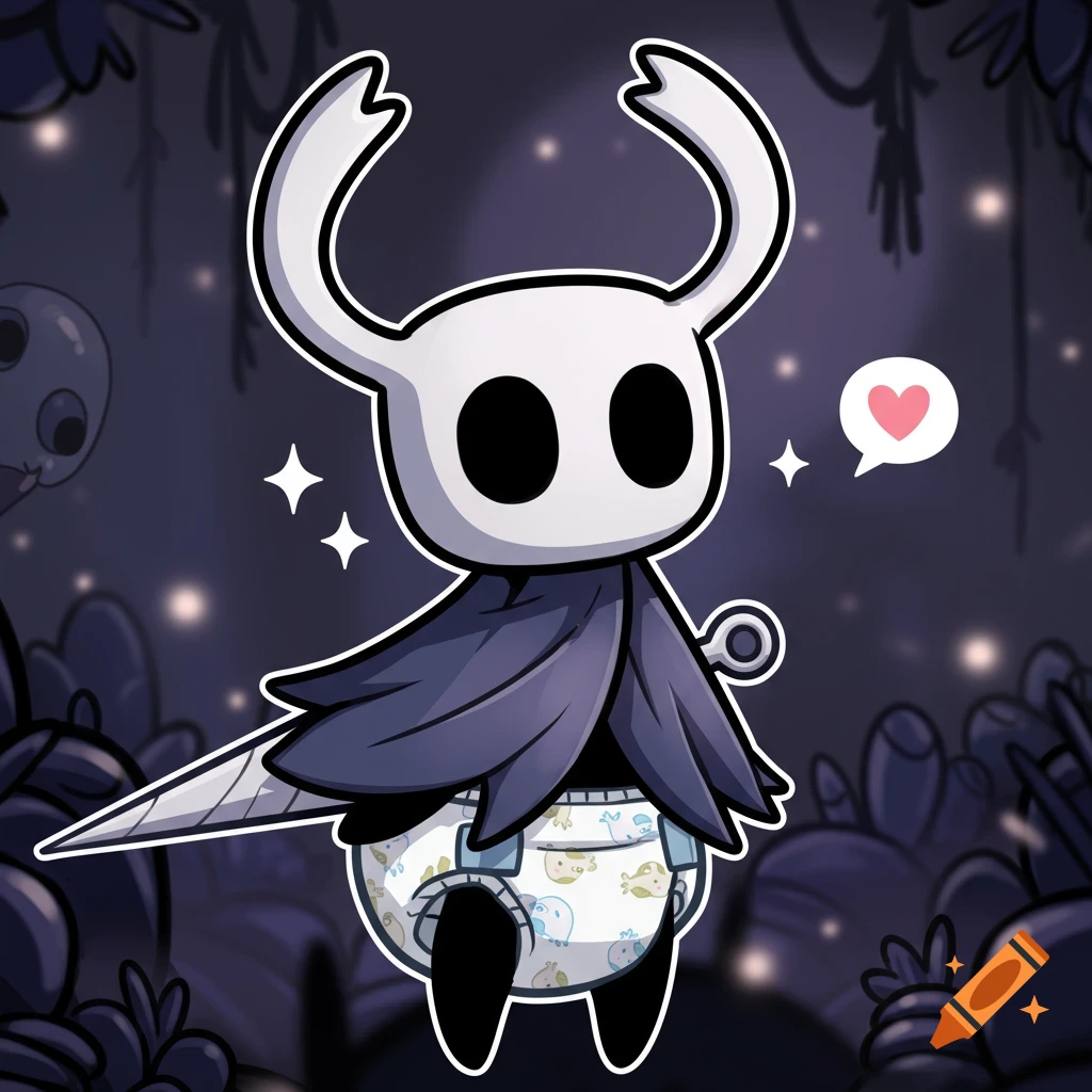 Vector graphic of the Hollow Knight character wearing a diaper against a dark, sparkly background.