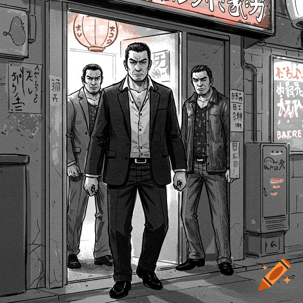 Illustration of three men leaving a bar at night.