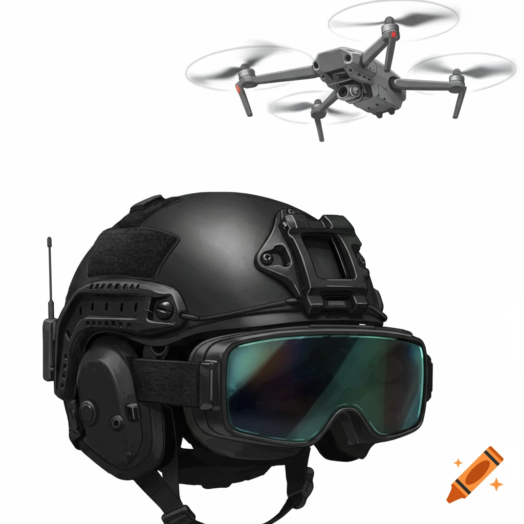 A black tactical helmet with FPV goggles and a grey drone hovering above on a white background.