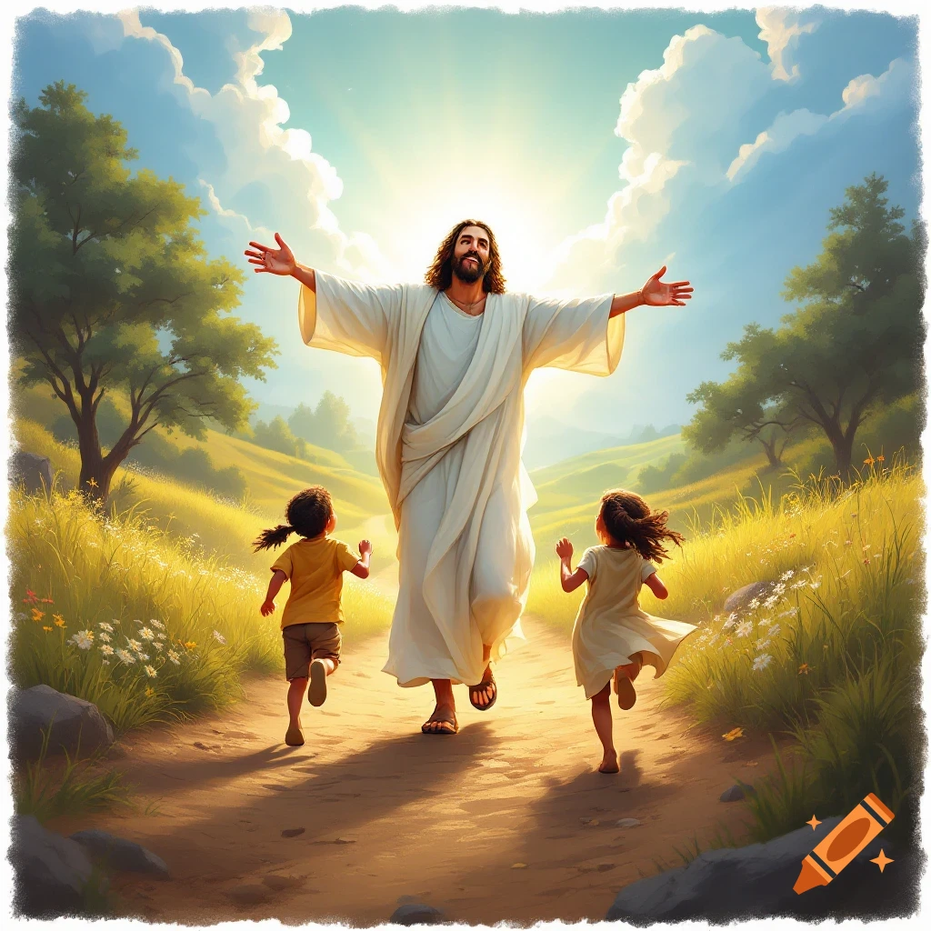 Image of Jesus with arms open, welcoming two children running to him in a sunny field.