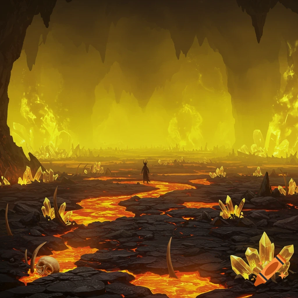 Figure in a rocky hellscape with lava, bones, and yellow crystals under a thick yellow sky.