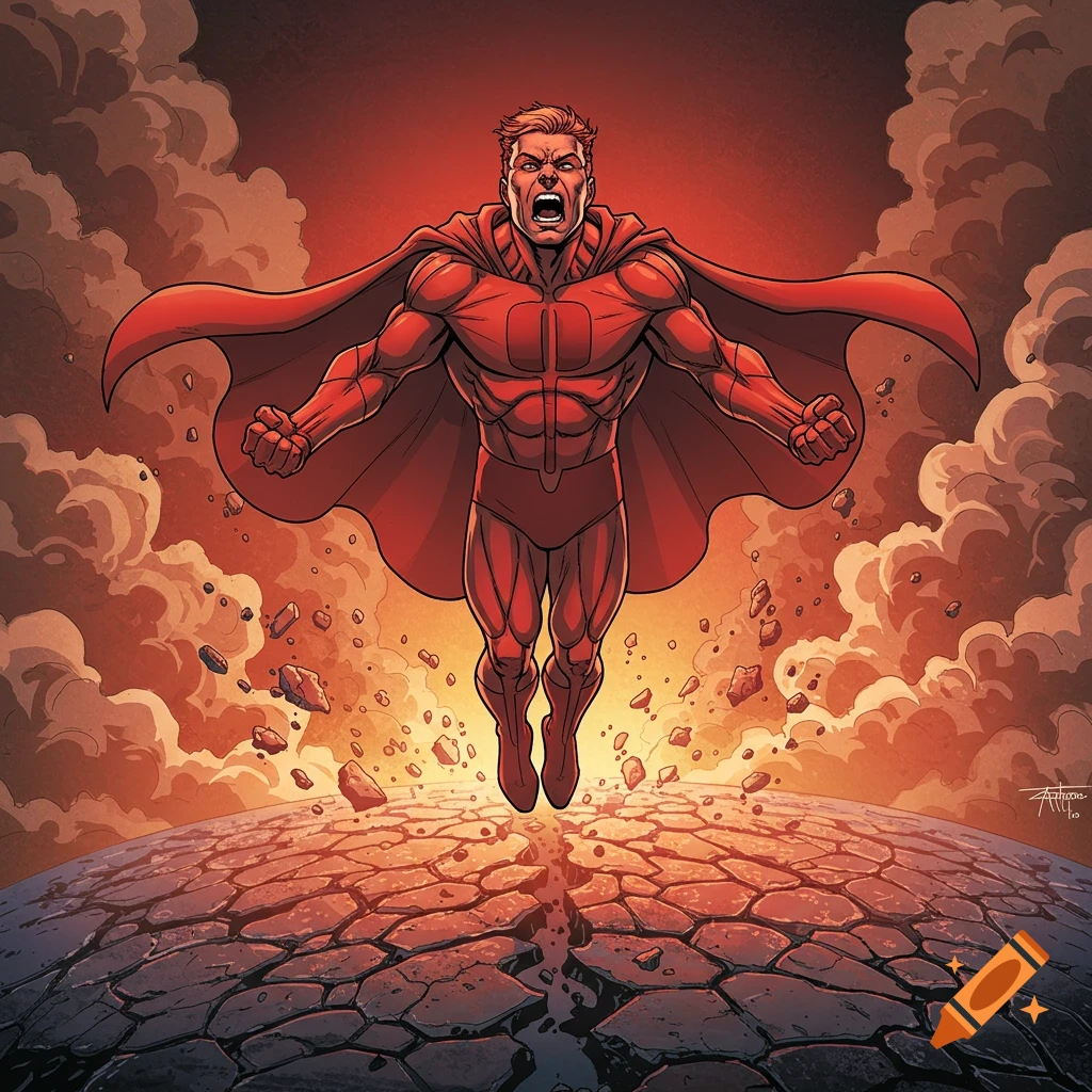 Red-suited superhero with cape flying angrily over cracked ground in comic art style.
