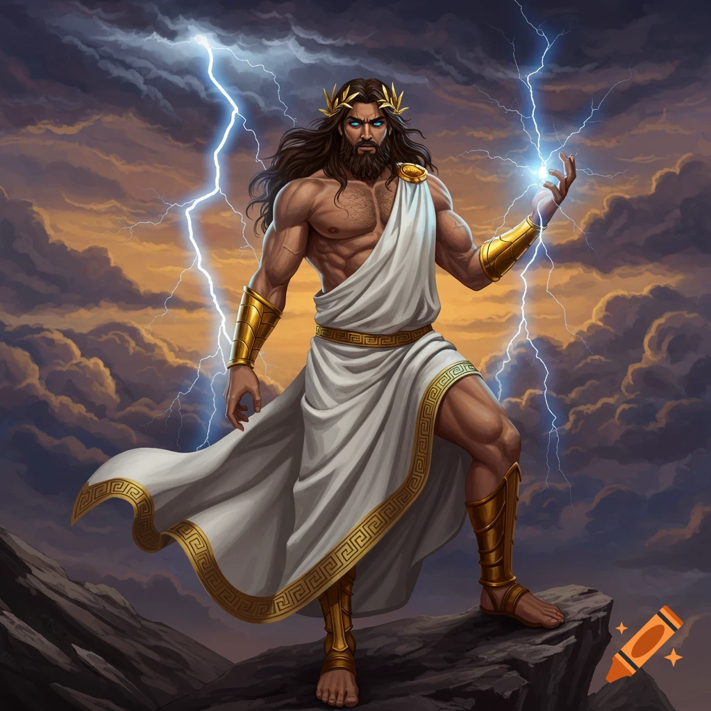 A powerful god-like figure stands on a rock cliff, holding lightning against a stormy sky.