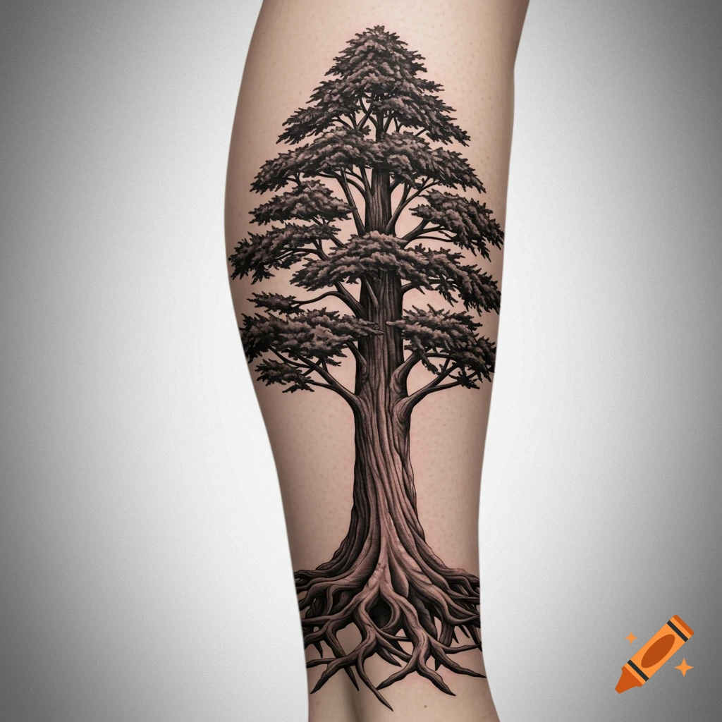 Detailed black and grey tattoo of a large tree with deep roots and wide branches on a leg.