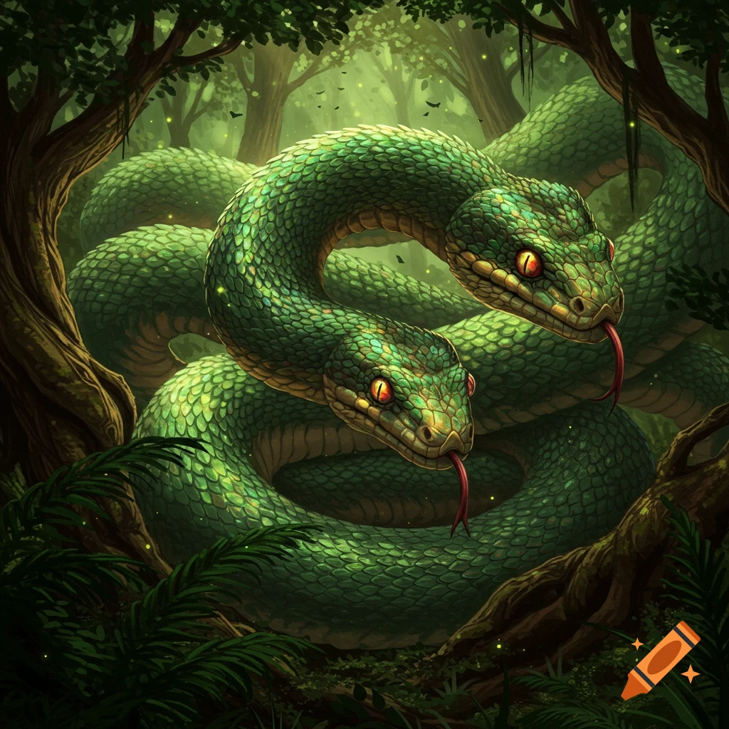Two green snakes with red eyes in a dark, glowing jungle.