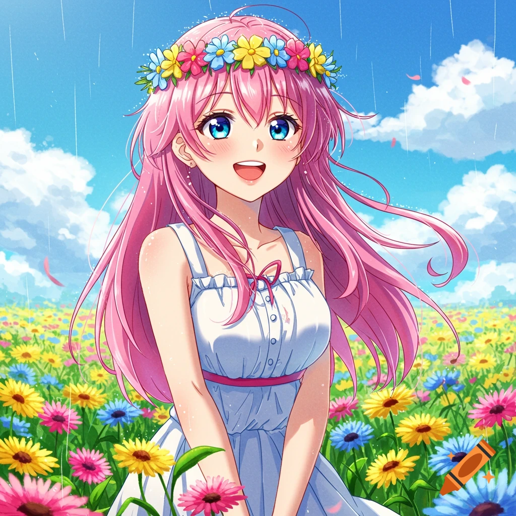 Anime girl with pink hair and flower crown smiling in a rainy flower field