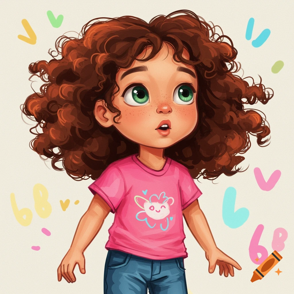 Illustration of a young girl with curly brown hair and green eyes in a whimsical style.