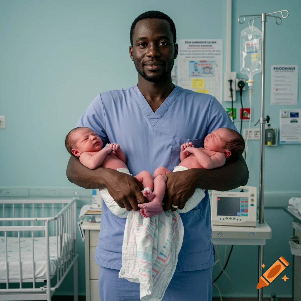A Black man in medical scrubs holds twin newborn babies in a hospital room. Photorealistic.