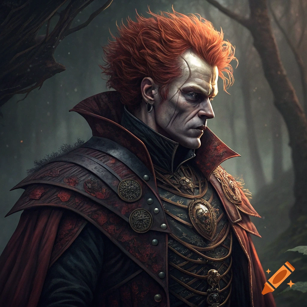 A man with bright red spiky hair and pale skin wearing elaborate dark and red armor in a forest. Dark fantasy style.