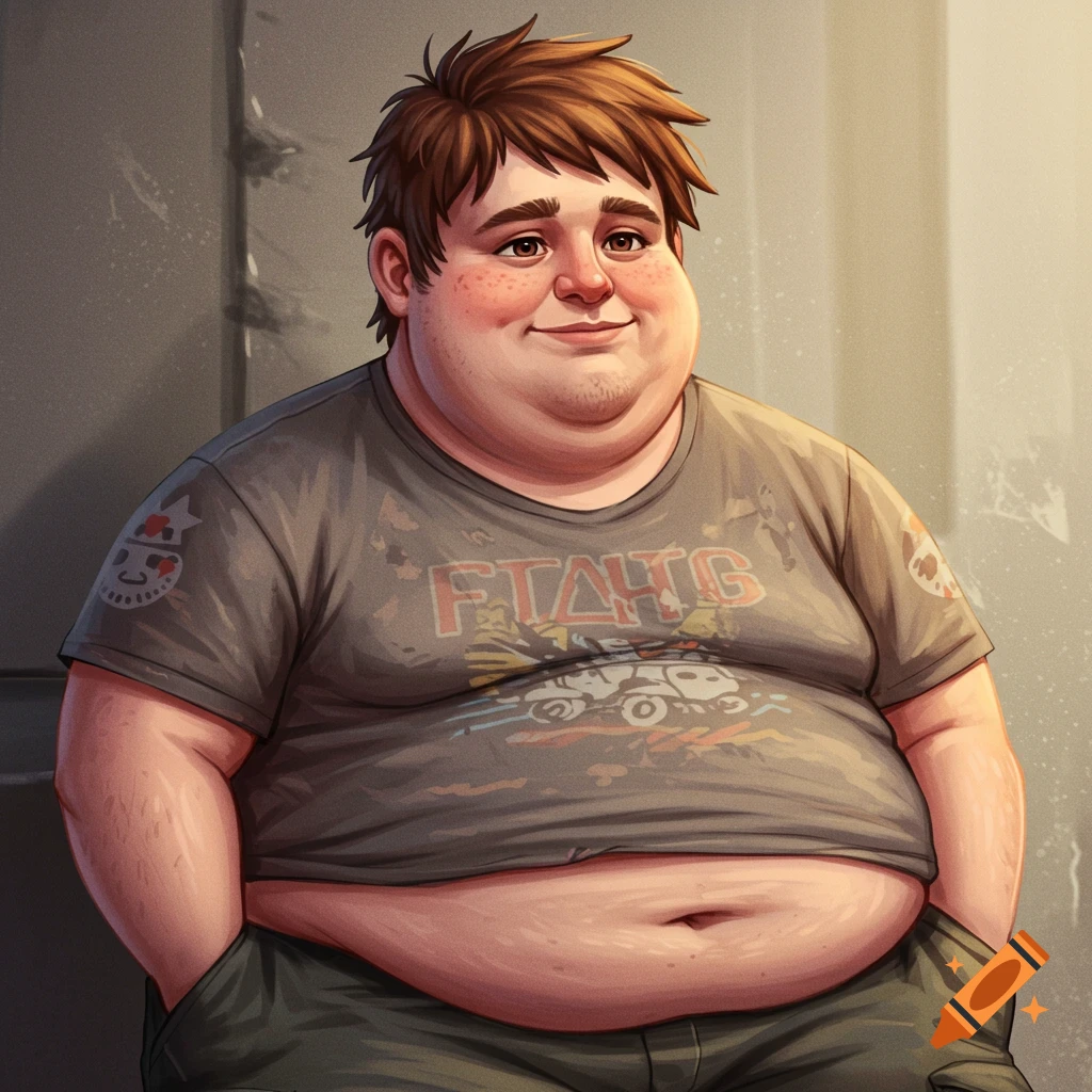 A smiling man with brown hair and freckles wearing a t-shirt with graphics and cargo pants.