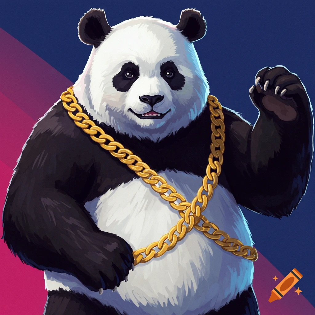 A smiling panda wearing a thick gold chain, raising one paw