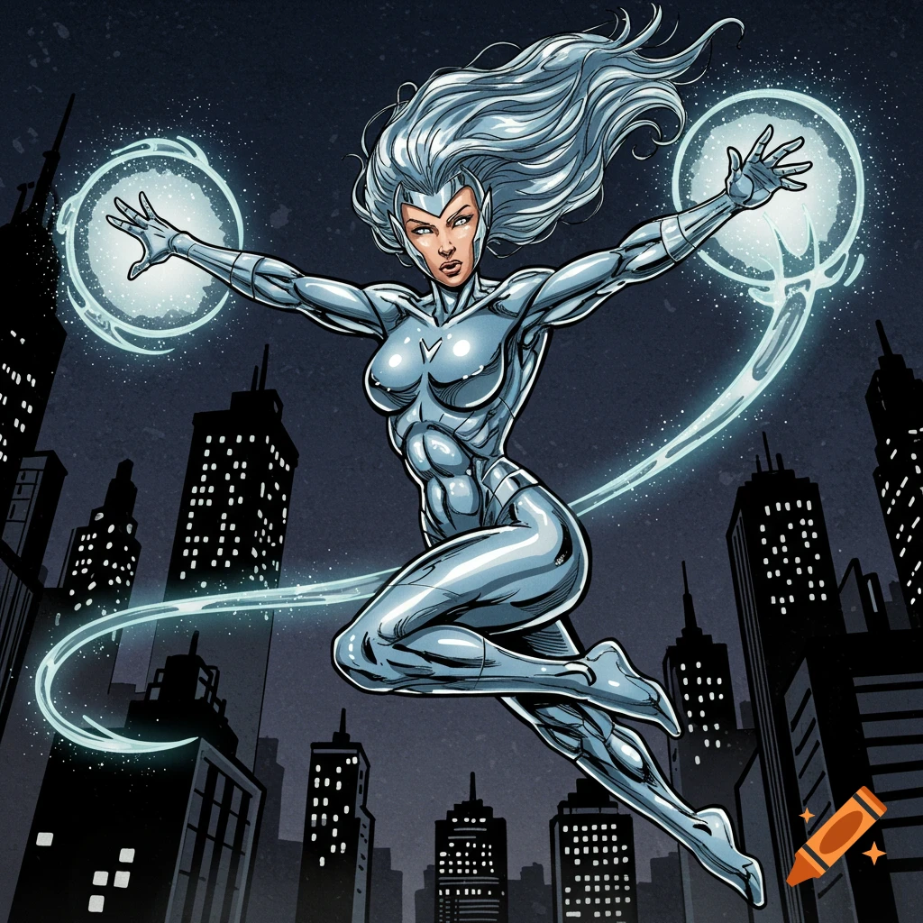 Female superhero in silver suit flying over a city at night, generating energy spheres.