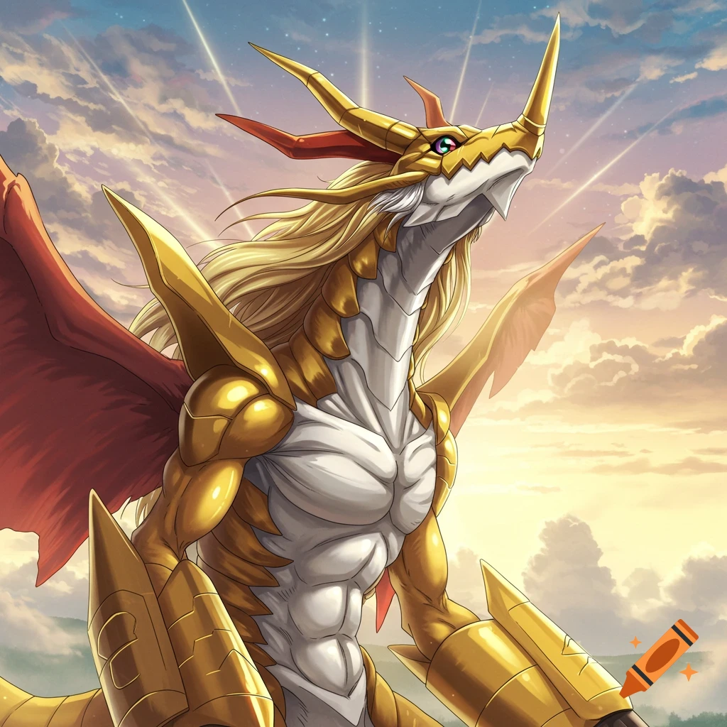 Golden Azulongmon Digimon looking up at the sky, anime illustration