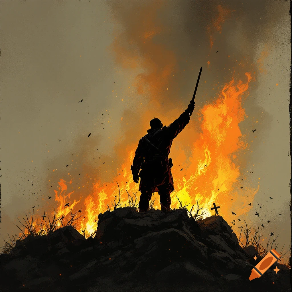 A silhouette figure raises a stick on a hill with fire, a cross, and birds.