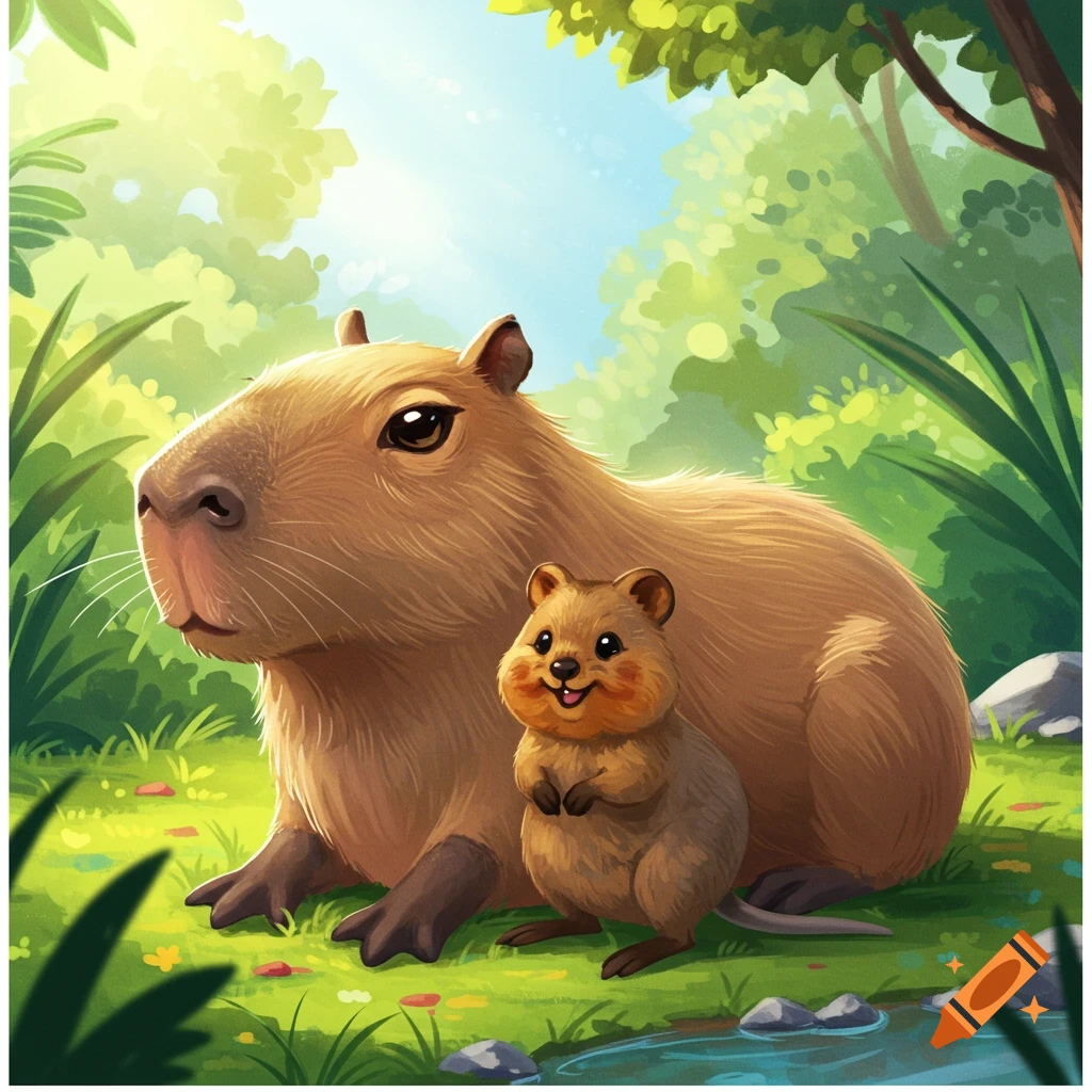 A large capybara and a small quokka sit together in a sunny forest clearing.