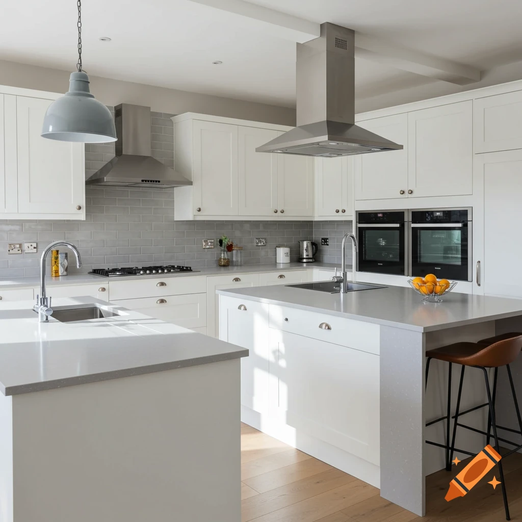 A modern kitchen with white cabinets, gray tile backsplash, and two kitchen islands.