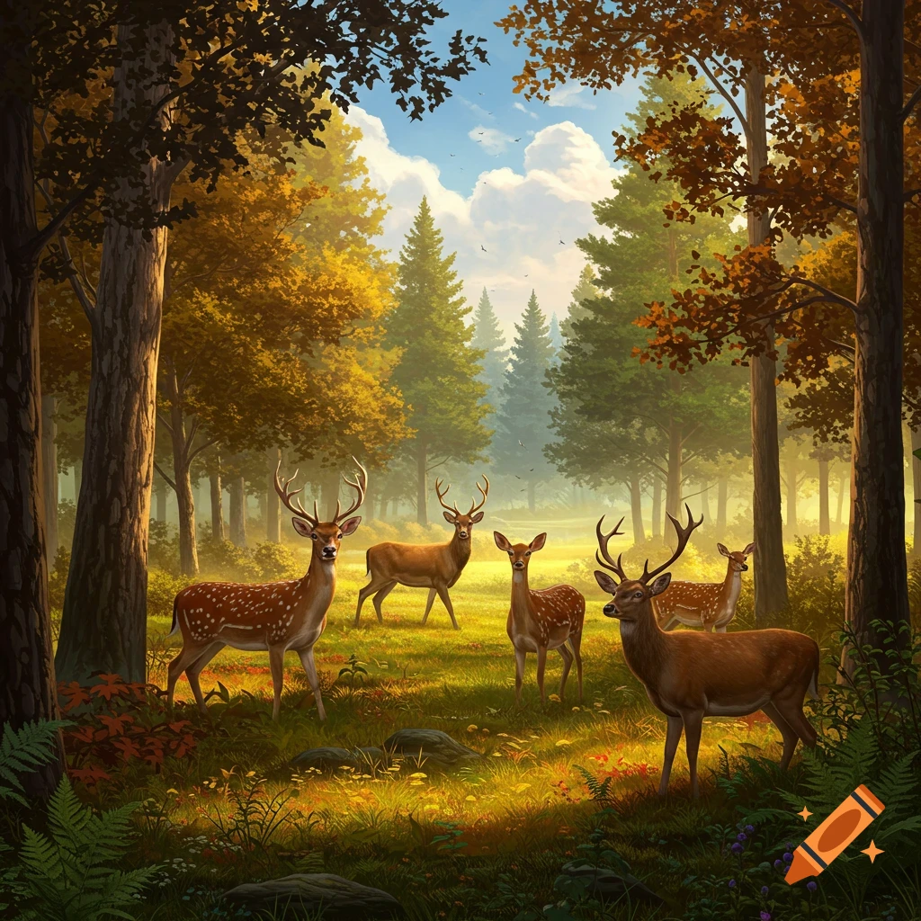 Several deer standing in a sunlit forest clearing.