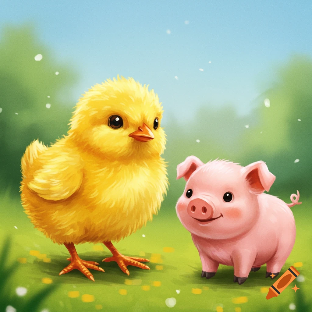 A baby chick and a pig standing together in a field.