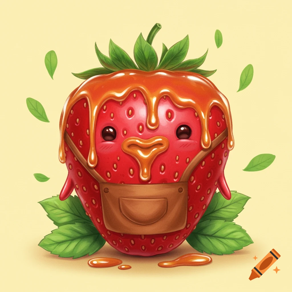 Cute illustration of a strawberry character wearing an apron with caramel dripping on its face.