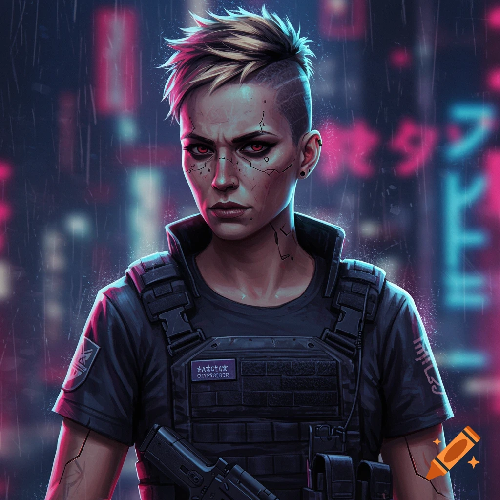 A woman with short hair and tactical gear stands in a rainy cyberpunk city.