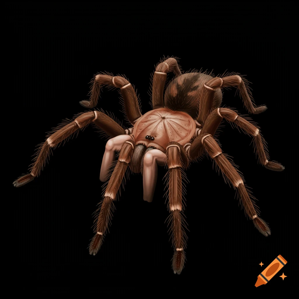A tarantula with a human torso is shown against a black background.