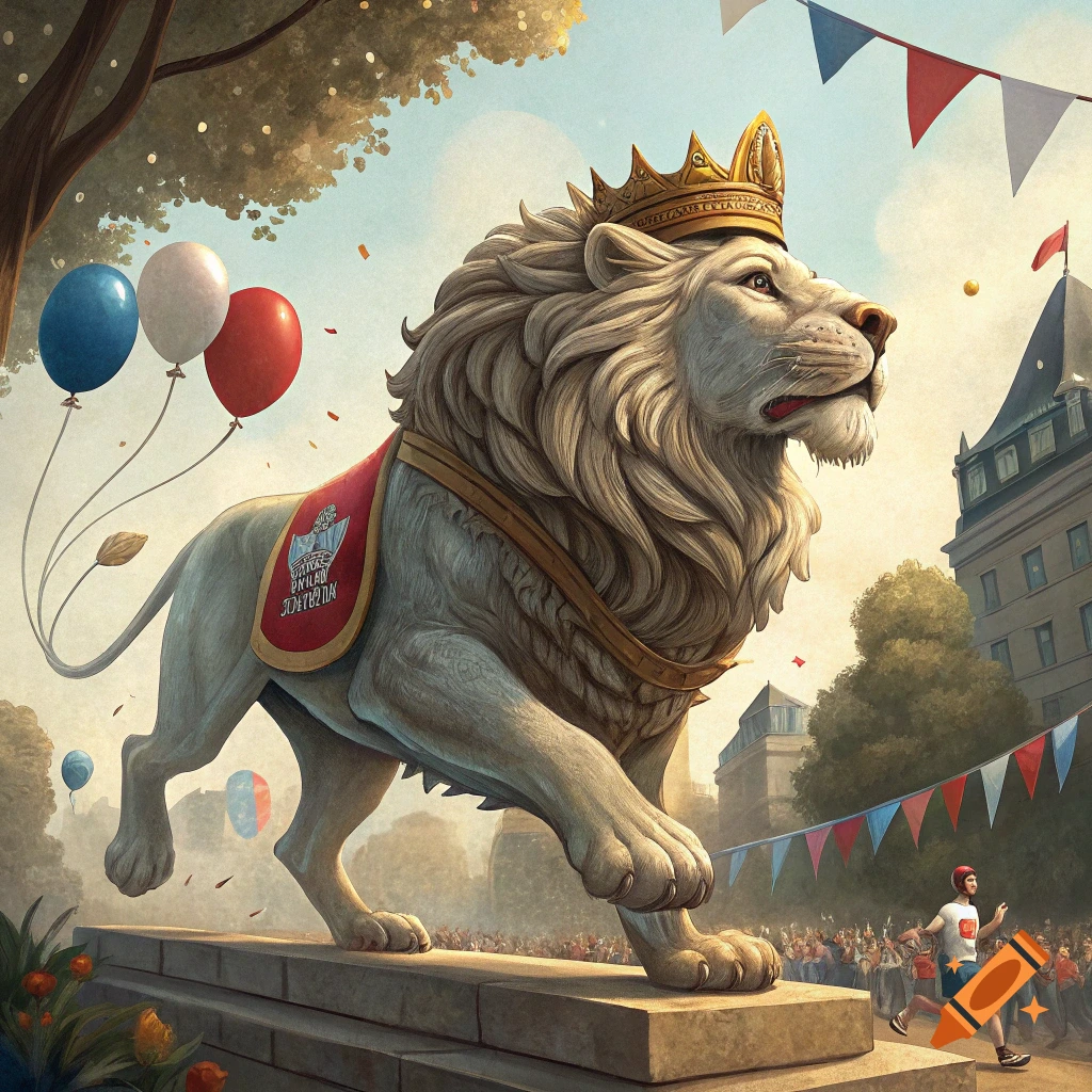 A large crowned lion statue stands on a pedestal overlooking a crowd during a festive run, with balloons and banners in the background.