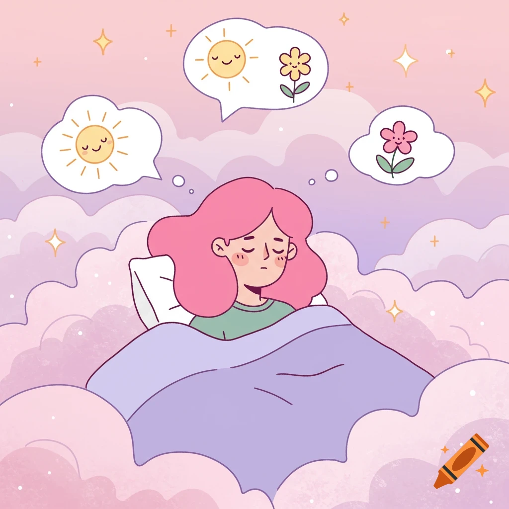 Cartoon illustration of a person sleeping in clouds, dreaming of sun and flowers.