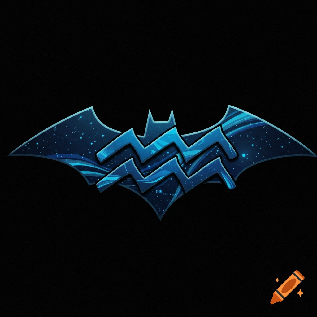 Dark blue Batman logo with blue waves and stars on a black background