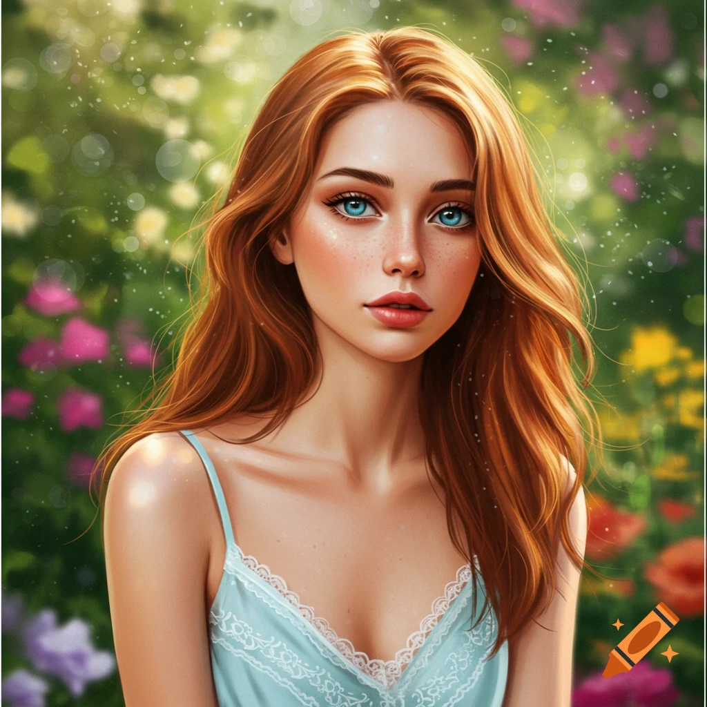 A young woman with red hair and blue eyes is in a garden.
