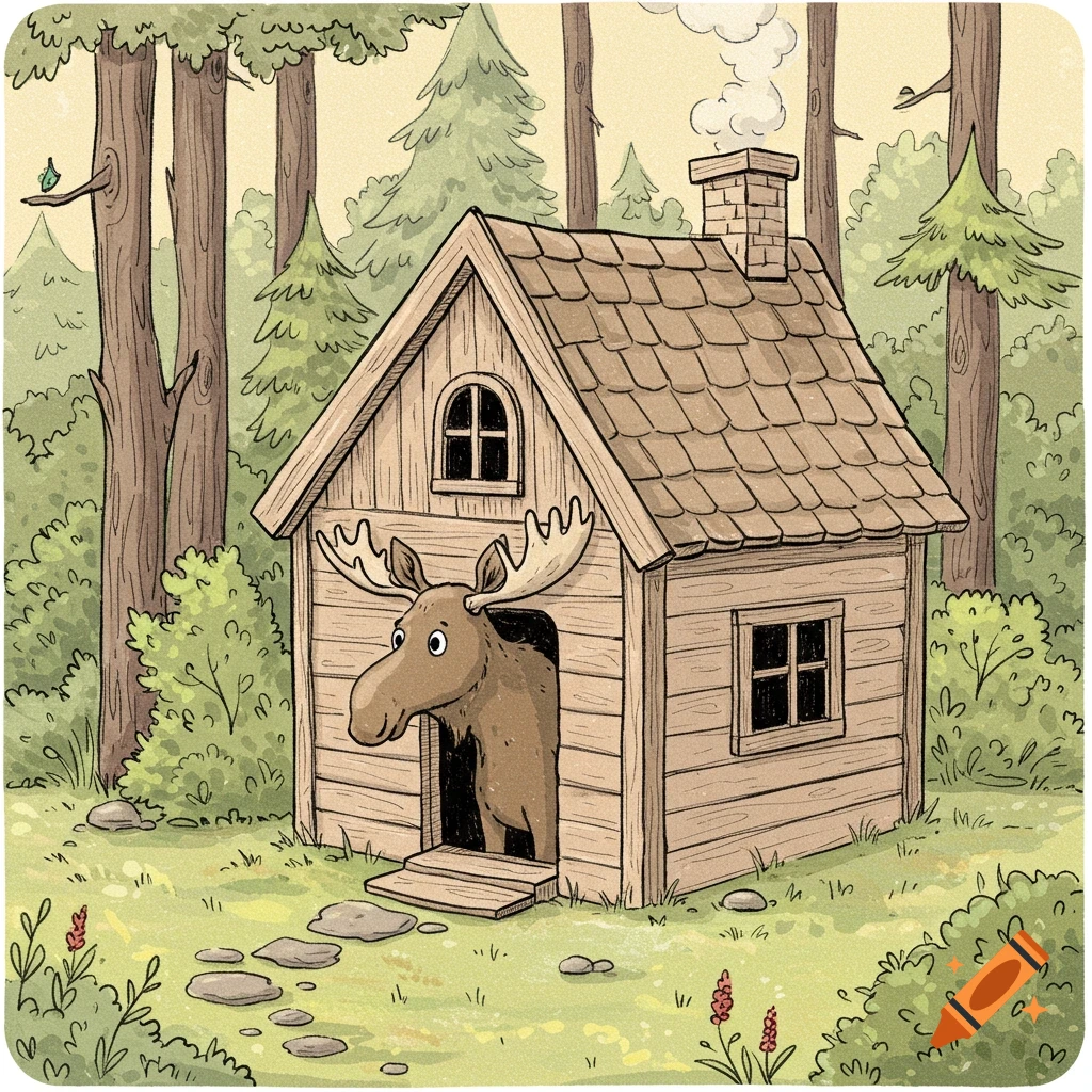 Hand-drawn illustration of a moose in a small forest cottage
