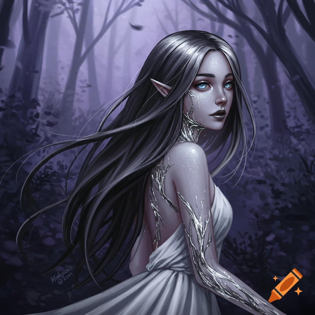 A fantasy woman with elf ears and silver markings on her skin, standing in a dark forest.