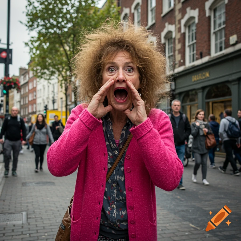 Woman with wild hair and pink cardigan shouts on a busy street.
