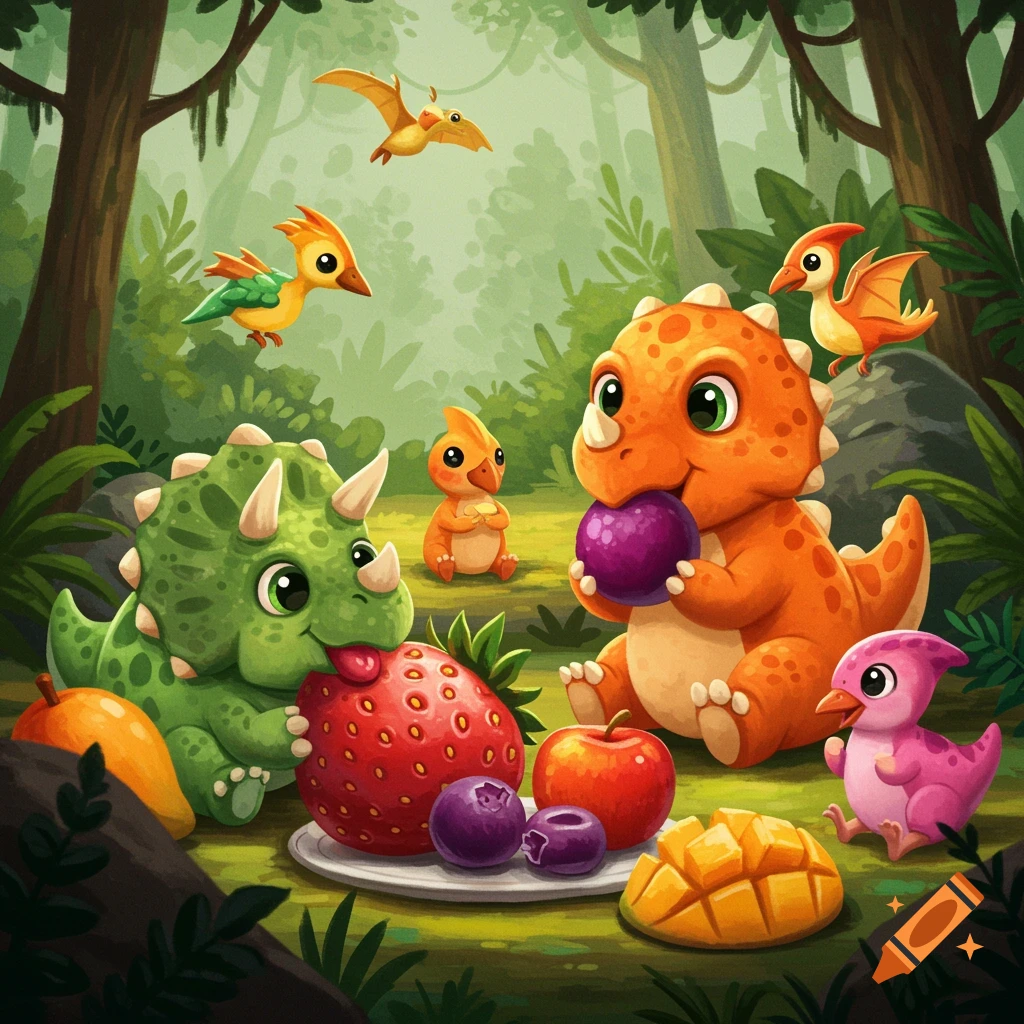 Cute cartoon dinosaurs eat fruit in a lush jungle landscape.