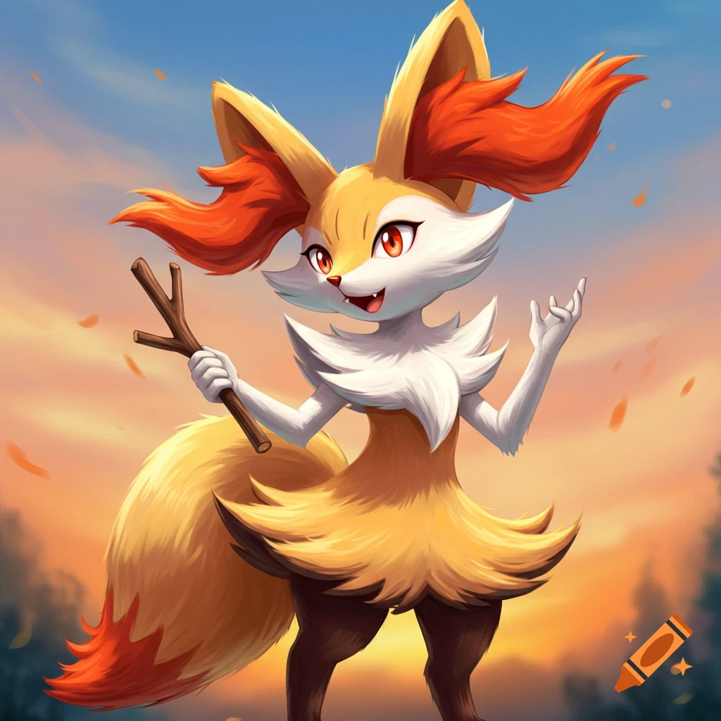 A portrait of Braixen holding a stick against a sunset.