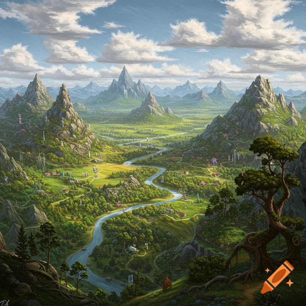 A vast green fantasy landscape unfolds with majestic mountains, a winding river, dense forests, and quaint small villages nestled within the scenery.